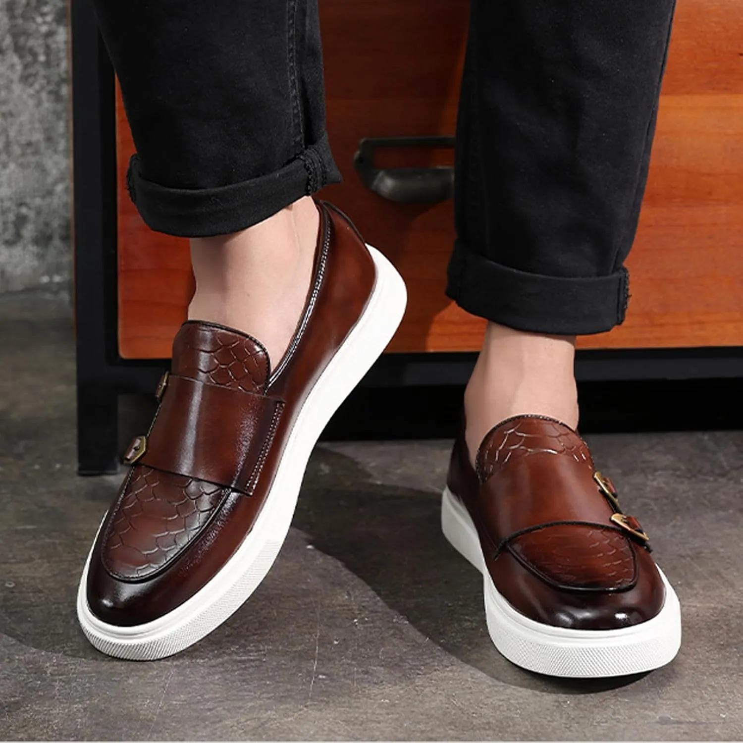 Men Double Monk Strap Dress Sneakers,Casual Fashion Formal Business Patent Leather Slip On Loafers Dress Shoes Penny Loafers