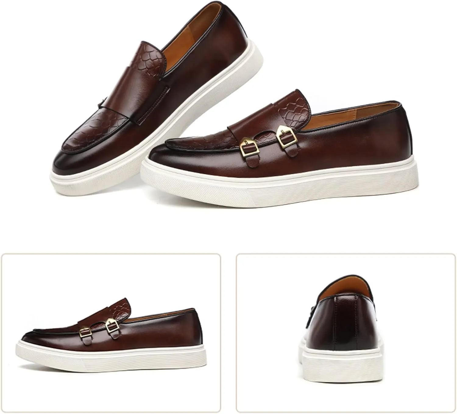 Men Double Monk Strap Dress Sneakers,Casual Fashion Formal Business Patent Leather Slip On Loafers Dress Shoes Penny Loafers