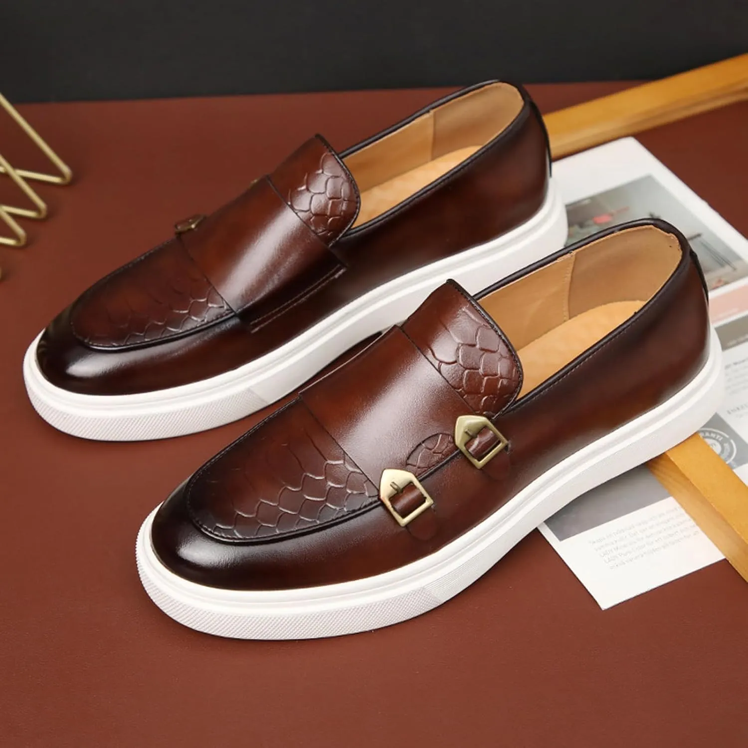Men Double Monk Strap Dress Sneakers,Casual Fashion Formal Business Patent Leather Slip On Loafers Dress Shoes Penny Loafers