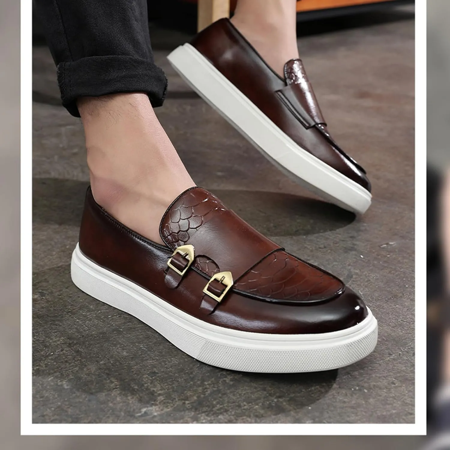 Men Double Monk Strap Dress Sneakers,Casual Fashion Formal Business Patent Leather Slip On Loafers Dress Shoes Penny Loafers