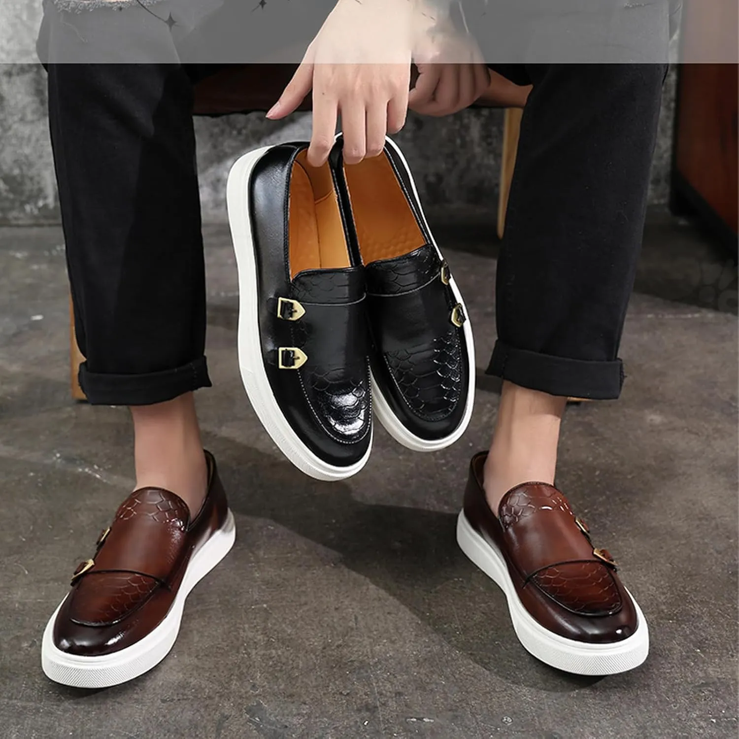 Men Double Monk Strap Dress Sneakers,Casual Fashion Formal Business Patent Leather Slip On Loafers Dress Shoes Penny Loafers