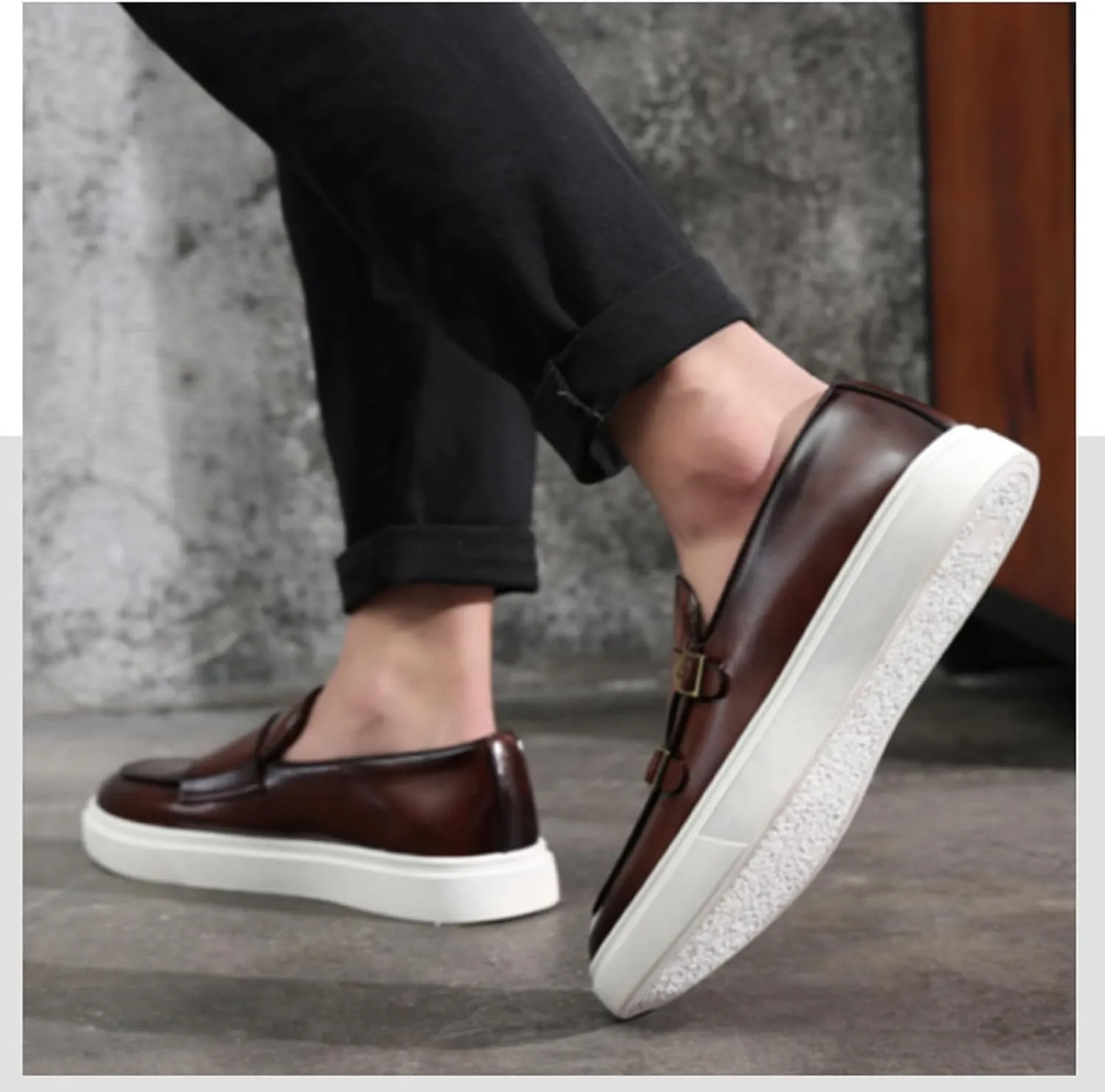 Men Double Monk Strap Dress Sneakers,Casual Fashion Formal Business Patent Leather Slip On Loafers Dress Shoes Penny Loafers
