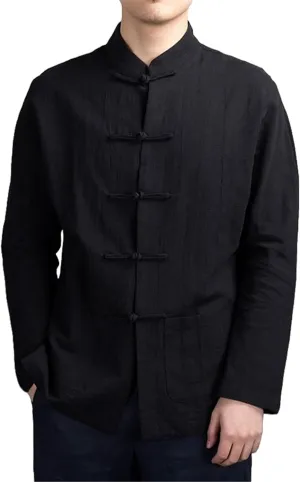 Men's Autumn Chinese Style Frog Button Linen Shirt Loose Fit Long Sleeve Retro