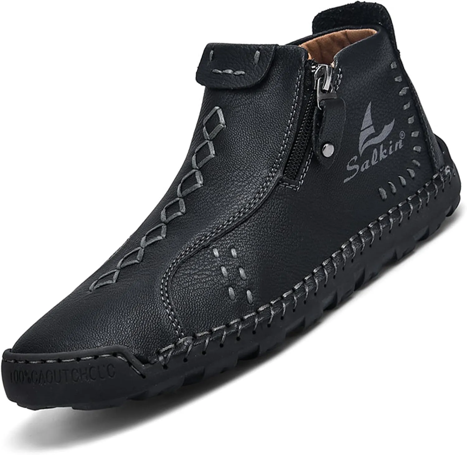 Mens Casual Leather Shoes Ankle Chukka Boots Handmade Side Zipper Mid top Slip On Loafers Fashion Lightweight Walking Driving High Boots