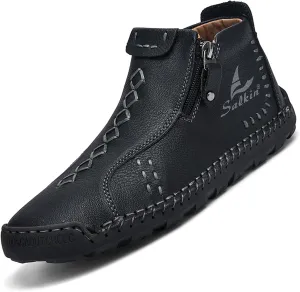 Mens Casual Leather Shoes Ankle Chukka Boots Handmade Side Zipper Mid top Slip On Loafers Fashion Lightweight Walking Driving High Boots