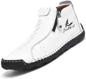 Mens Casual Leather Shoes Ankle Chukka Boots Handmade Side Zipper Mid top Slip On Loafers Fashion Lightweight Walking Driving High Boots