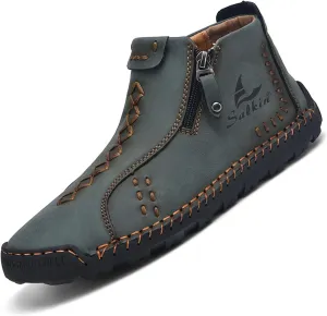 Mens Casual Leather Shoes Ankle Chukka Boots Handmade Side Zipper Mid top Slip On Loafers Fashion Lightweight Walking Driving High Boots