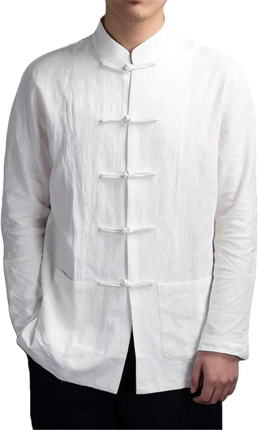 Men's Chinese Style Frog Button Linen Shirt Loose Fit Long Sleeve Retro Autumn