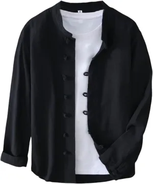Men's Chinese Style Long Sleeve Linen Shirt Tang Suit with Frog Buttons Retro Ramie Top Spring Summer