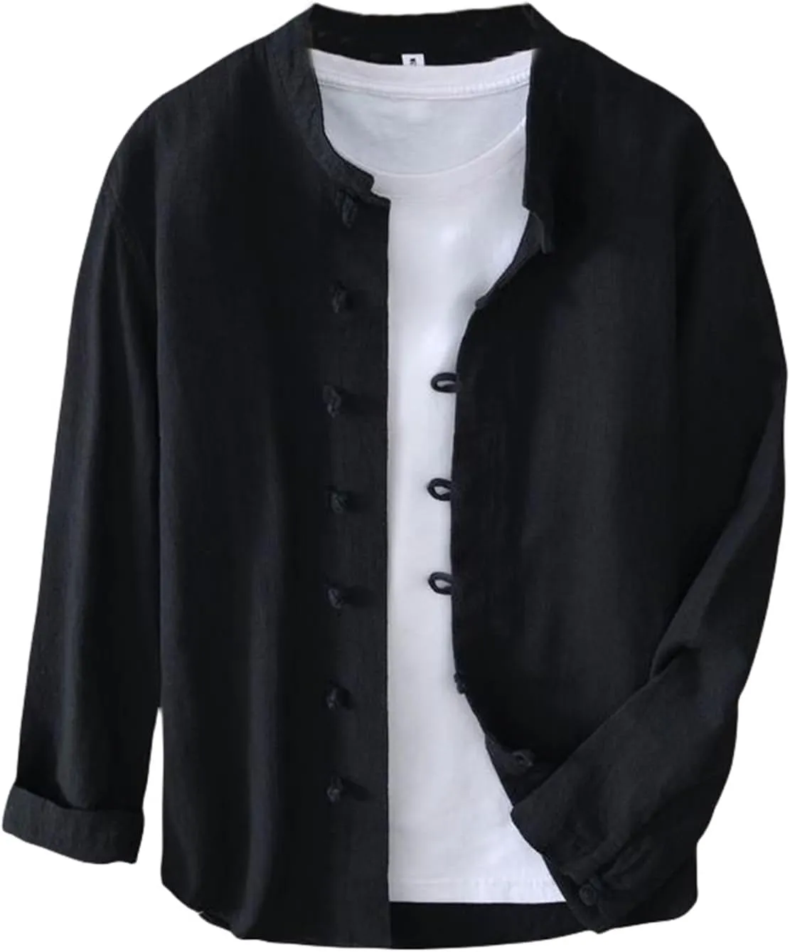 Men's Chinese Style Long Sleeve Linen Shirt Tang Suit with Frog Buttons Retro Ramie Top Spring Summer