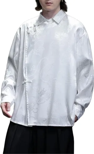 Men's Chinese Style Long Sleeve Shirt with Frog Buttons Mandarin Collar Tang Suit Autumn