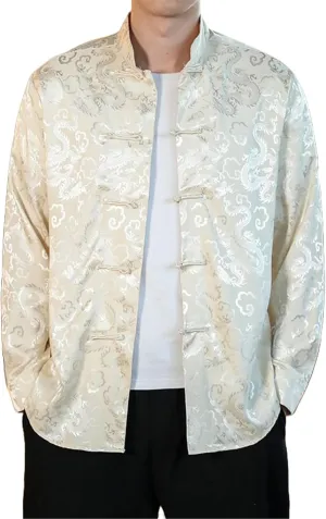 Men's Chinese Style Retro Frog Button Shirt with Subtle Pattern Silk Jacquard Casual Top Spring Summer