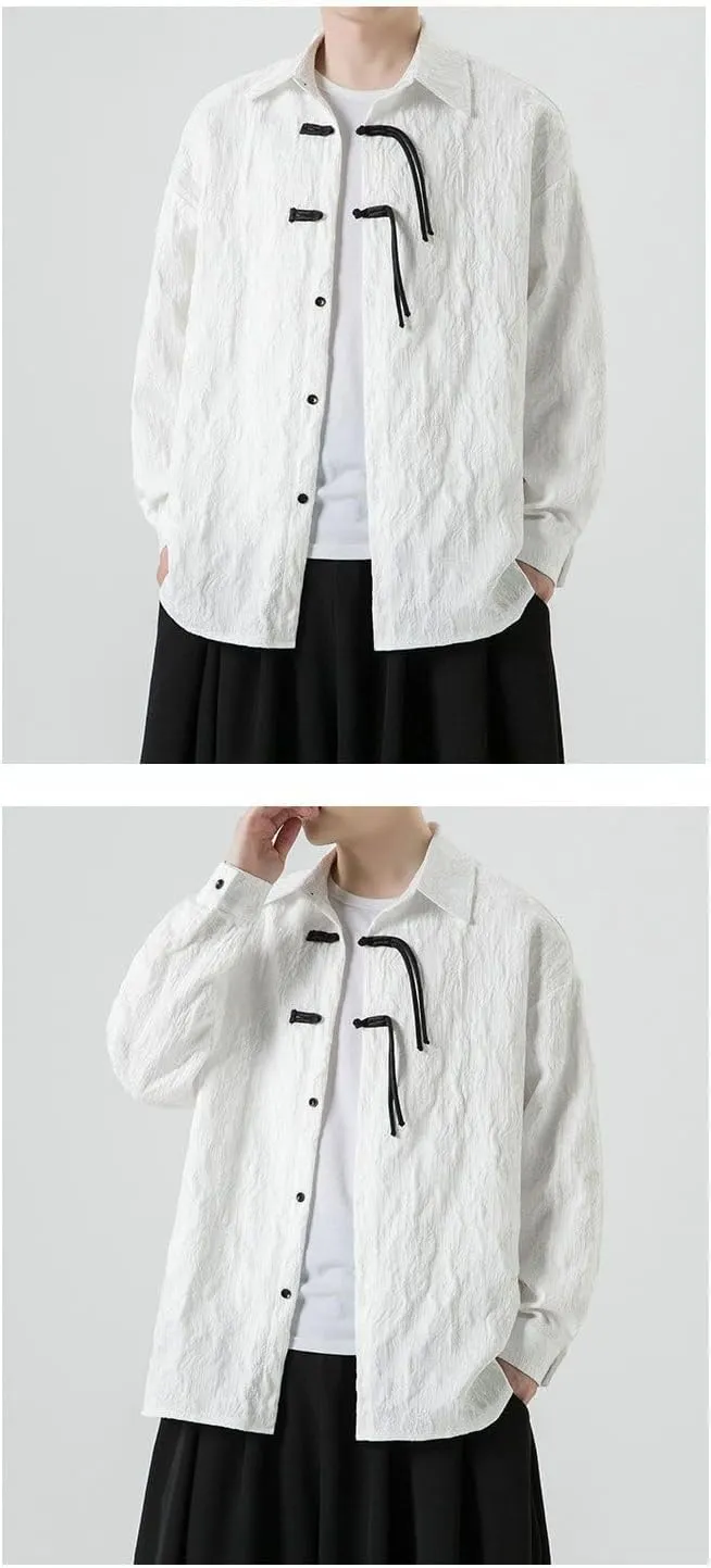 Men's Chinese Style Retro Short Sleeve Shirt with Frog Buttons Jacquard Casual Top Summer