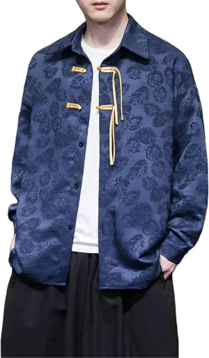 Men's Chinese Style Retro Short Sleeve Shirt with Frog Buttons Jacquard Casual Top Summer