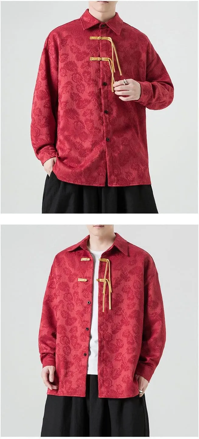 Men's Chinese Style Retro Short Sleeve Shirt with Frog Buttons Jacquard Casual Top Summer