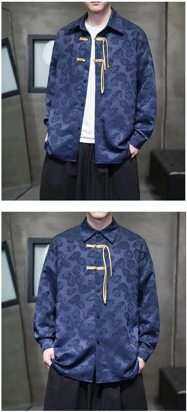 Men's Chinese Style Retro Short Sleeve Shirt with Frog Buttons Jacquard Casual Top Summer