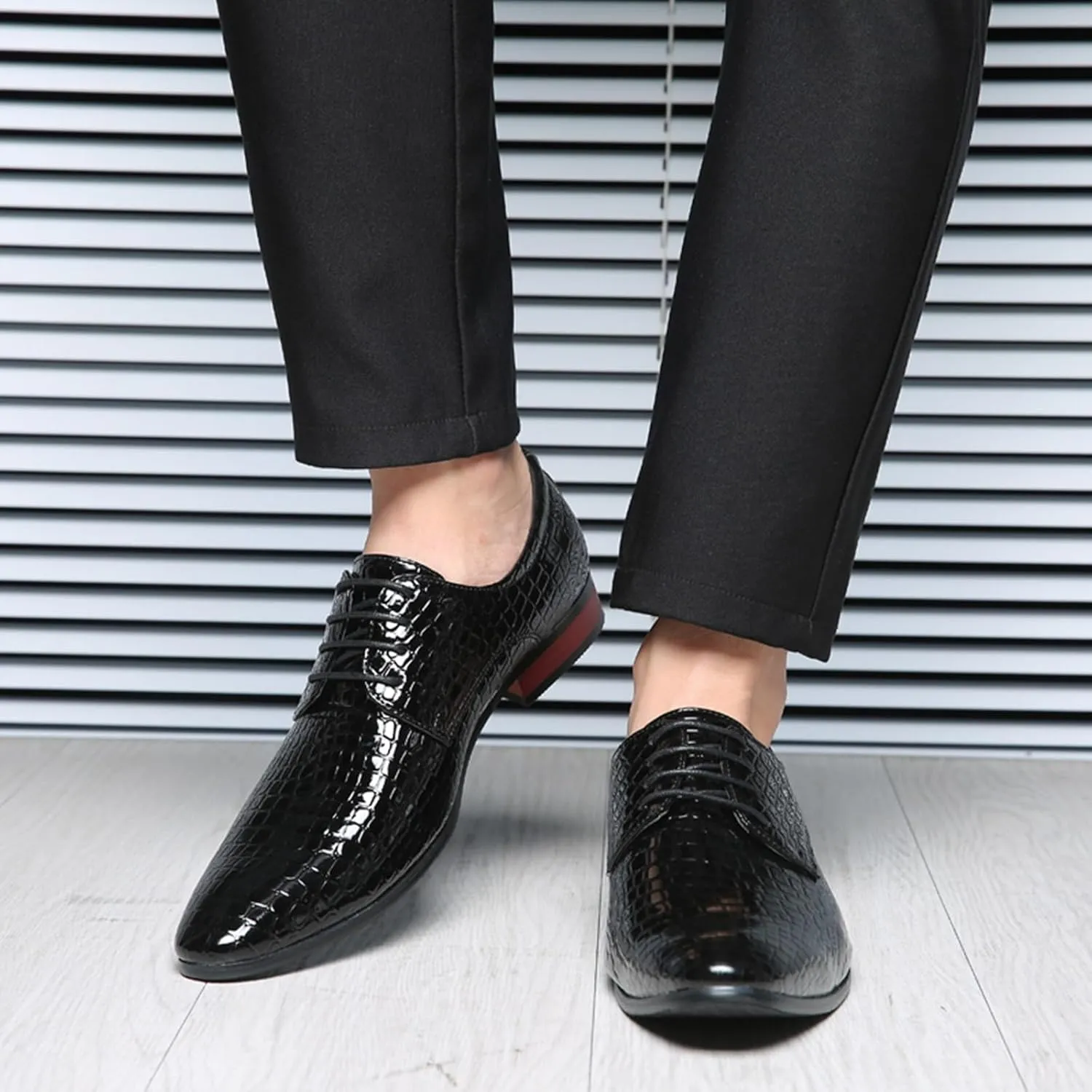 Mens Dress Shoes Fashion Faux Crocodile Patent Leather Formal Shoes Lace-up Pointed-Toe Wedding Party Oxford Shoes