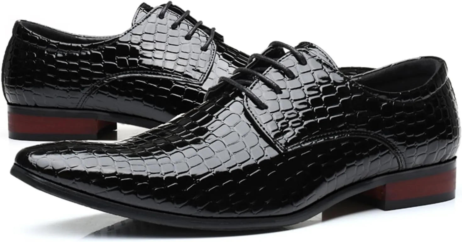 Mens Dress Shoes Fashion Faux Crocodile Patent Leather Formal Shoes Lace-up Pointed-Toe Wedding Party Oxford Shoes