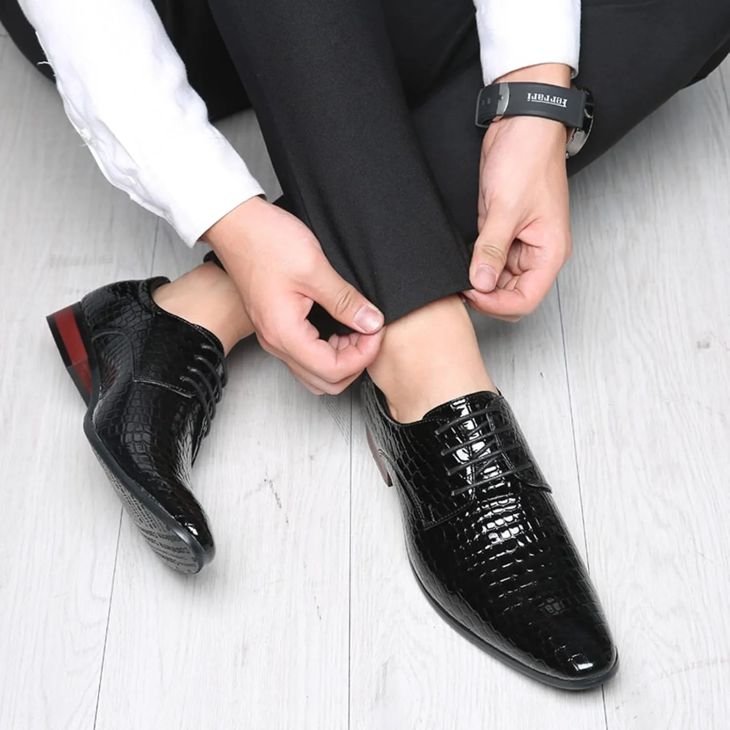 Mens Dress Shoes Fashion Faux Crocodile Patent Leather Formal Shoes Lace-up Pointed-Toe Wedding Party Oxford Shoes