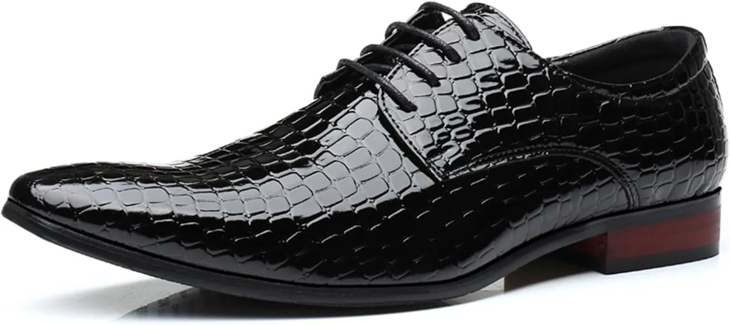 Mens Dress Shoes Fashion Faux Crocodile Patent Leather Formal Shoes Lace-up Pointed-Toe Wedding Party Oxford Shoes