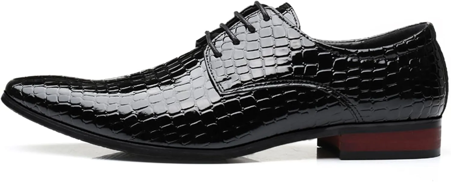 Mens Dress Shoes Fashion Faux Crocodile Patent Leather Formal Shoes Lace-up Pointed-Toe Wedding Party Oxford Shoes