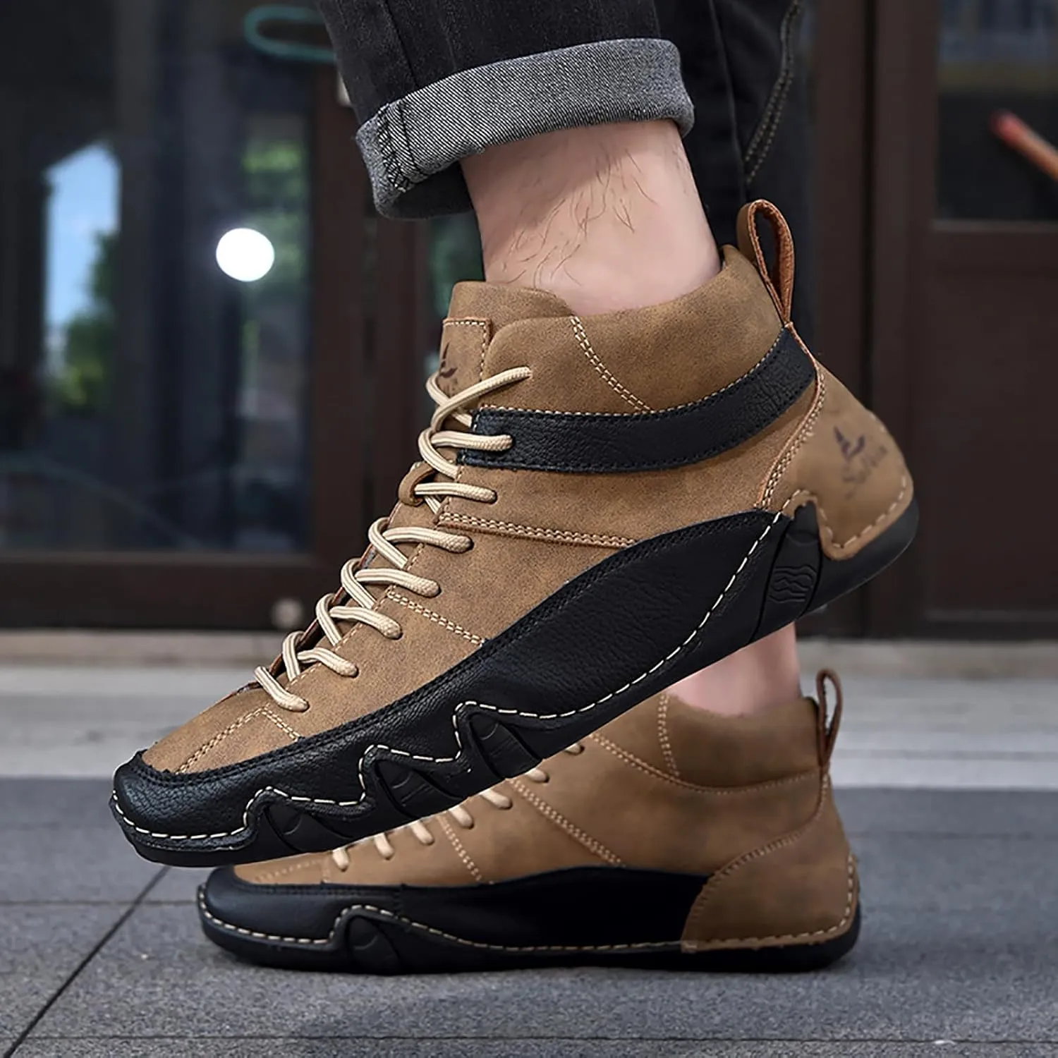 Men's Handmade Lace Up High Top Chukka Boots,Casual Slip-on Lightweight Dress Sneakers All Season Non-Slip Waterproof Driving Ankle Boots