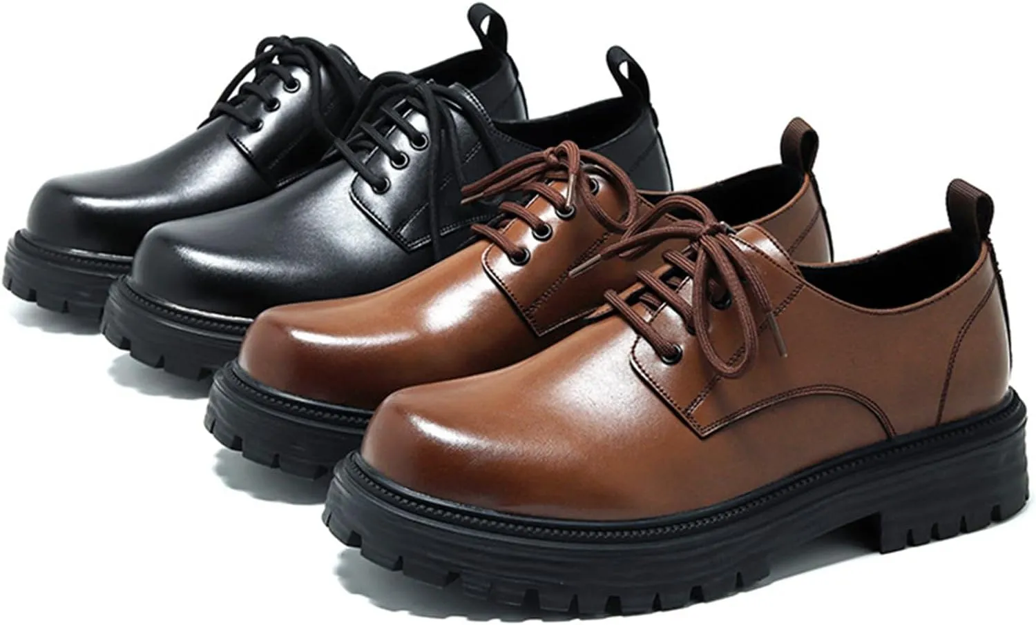 Mens Leather Black Platform Lace Up Lugs Sole Oxfords Shoes Modern Comfortable Classic Chunky Heel Increase Height Business Formal Dress Shoes for Wedding Work Party Office