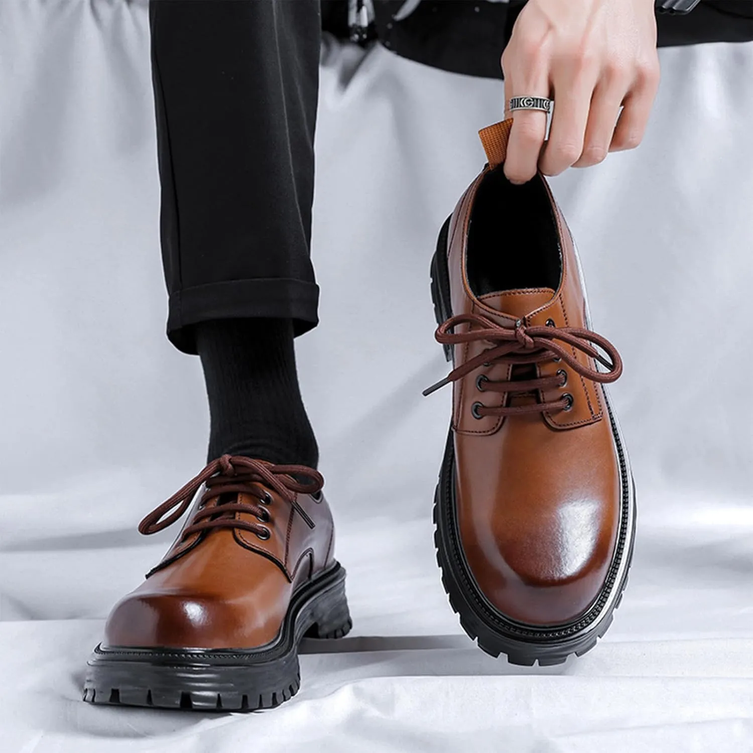 Mens Leather Black Platform Lace Up Lugs Sole Oxfords Shoes Modern Comfortable Classic Chunky Heel Increase Height Business Formal Dress Shoes for Wedding Work Party Office