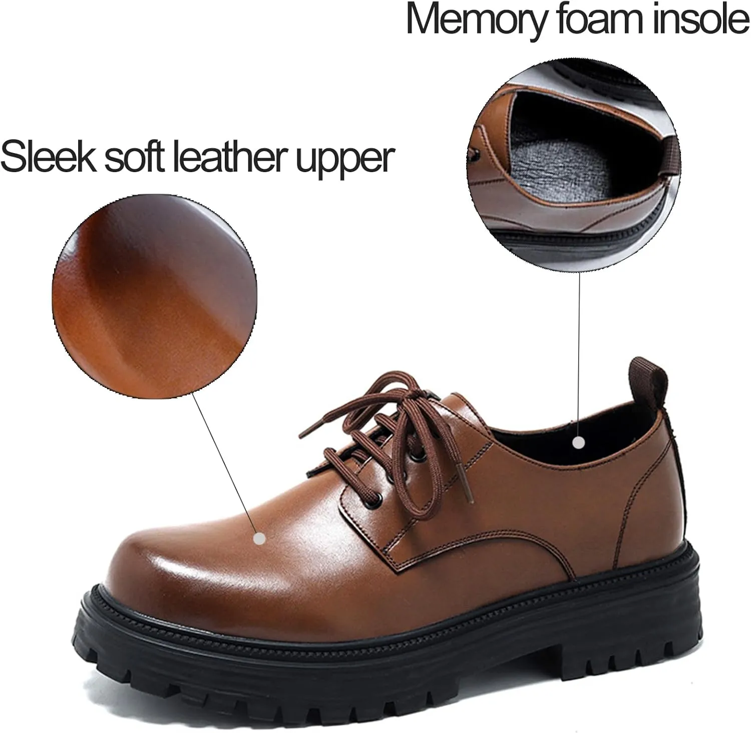 Mens Leather Black Platform Lace Up Lugs Sole Oxfords Shoes Modern Comfortable Classic Chunky Heel Increase Height Business Formal Dress Shoes for Wedding Work Party Office