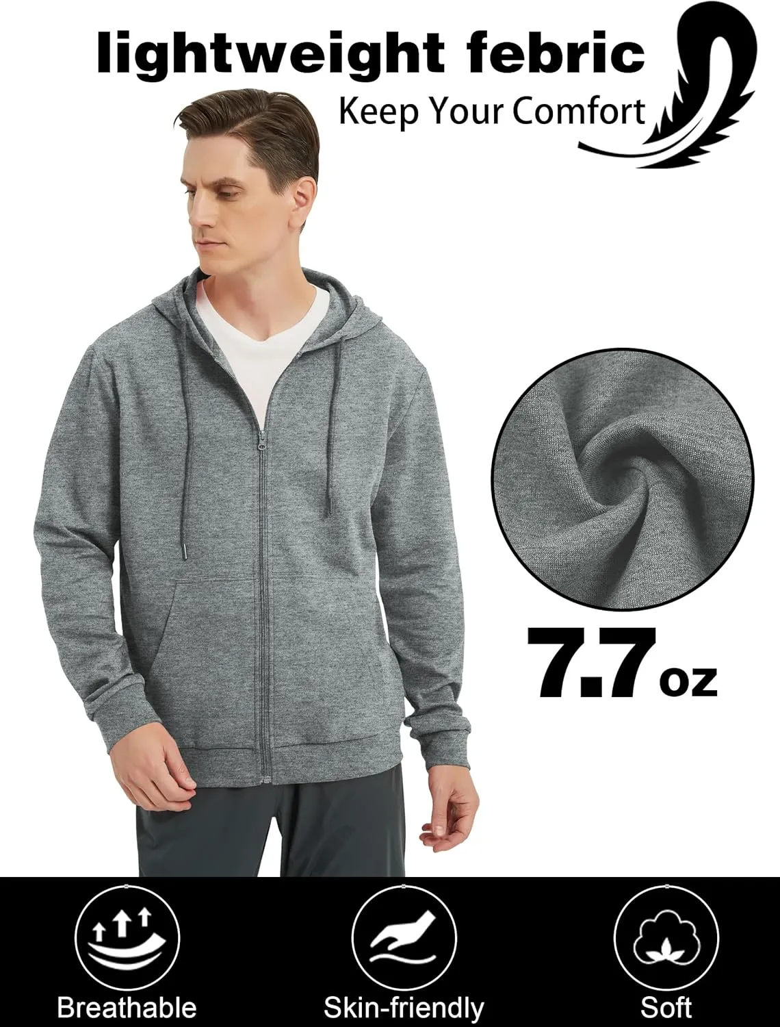 Men's Lightweight Zip Up Hoodie Long Sleeve Sweatshirt Athletic Slim Fit Basic Jacket with Pockets(Regular & Tall)