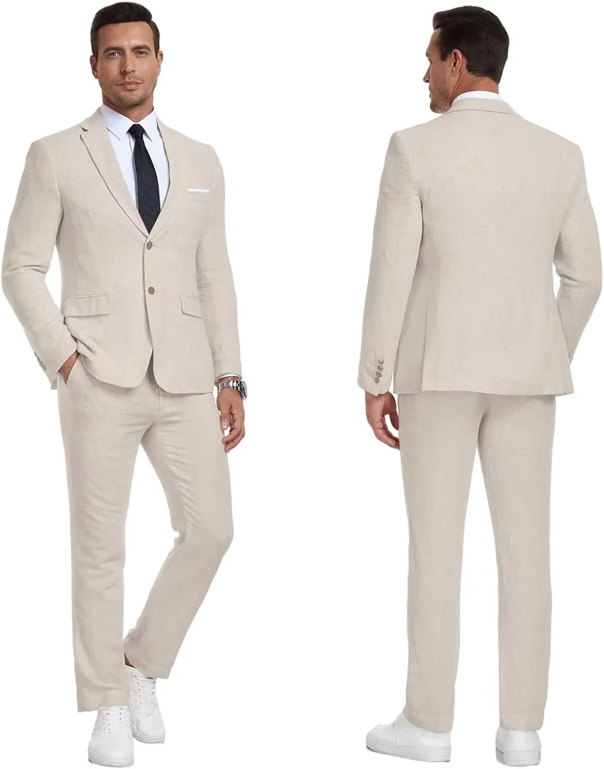 Men's Linen Suit 2 Piece Slim Fit Summer Beach Wedding Dress Tux Prom Suit Blazer Jacket and Pants