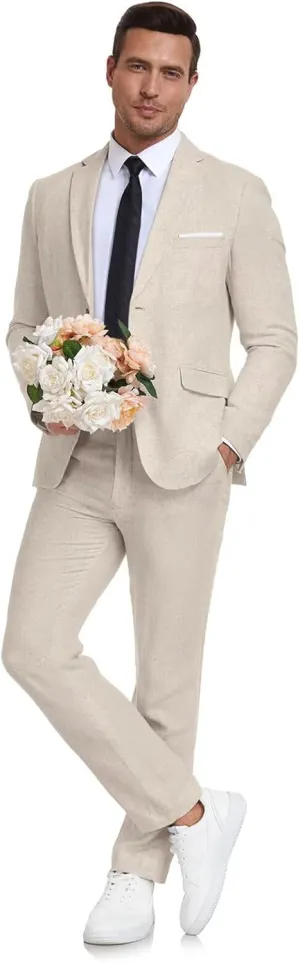 Men's Linen Suit 2 Piece Slim Fit Summer Beach Wedding Dress Tux Prom Suit Blazer Jacket and Pants