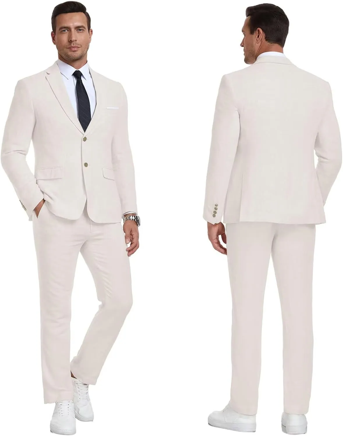 Men's Linen Suit 2 Piece Slim Fit Summer Beach Wedding Dress Tux Prom Suit Blazer Jacket and Pants