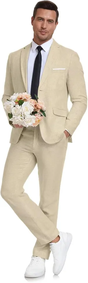 Men's Linen Suit 2 Piece Slim Fit Summer Beach Wedding Dress Tux Prom Suit Blazer Jacket and Pants