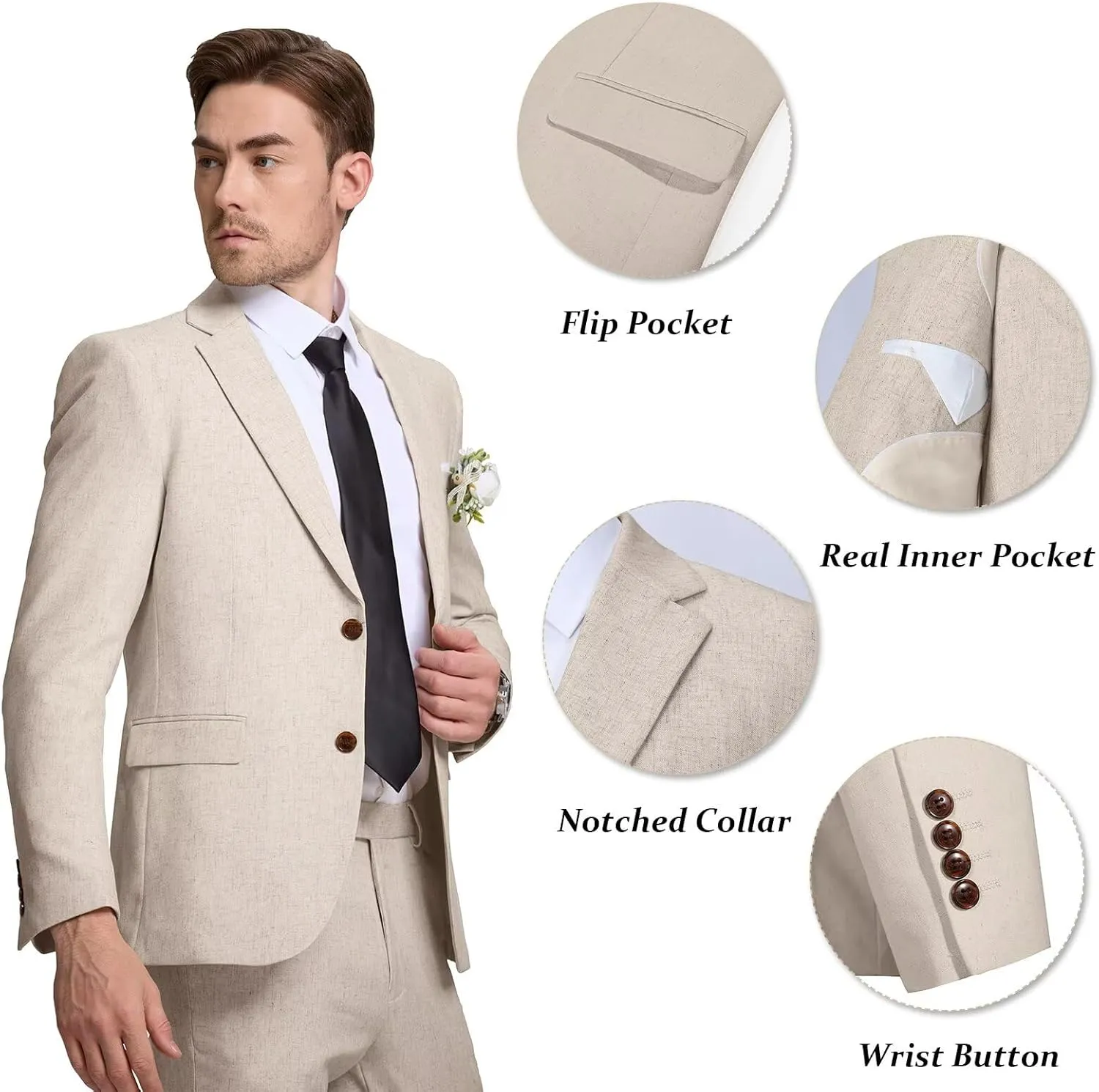 Men's Linen Suit 2 Piece Slim Fit Summer Beach Wedding Dress Tux Prom Suit Blazer Jacket and Pants