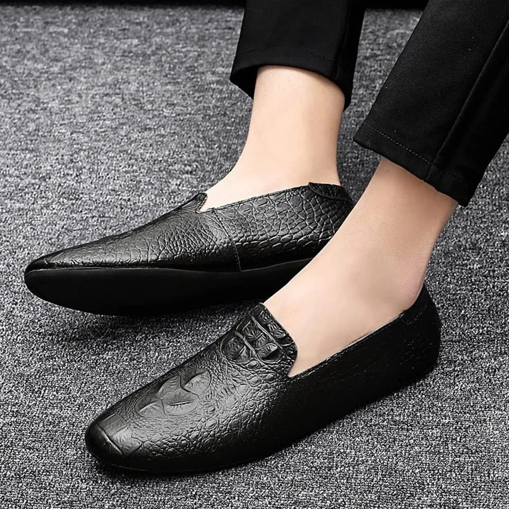 Men's Loafers Genuine Leather Pointed Toe Faux Crocodile Grain Rubber Sole Lightweight Resistant Anti-Slip Prom Party Slip On