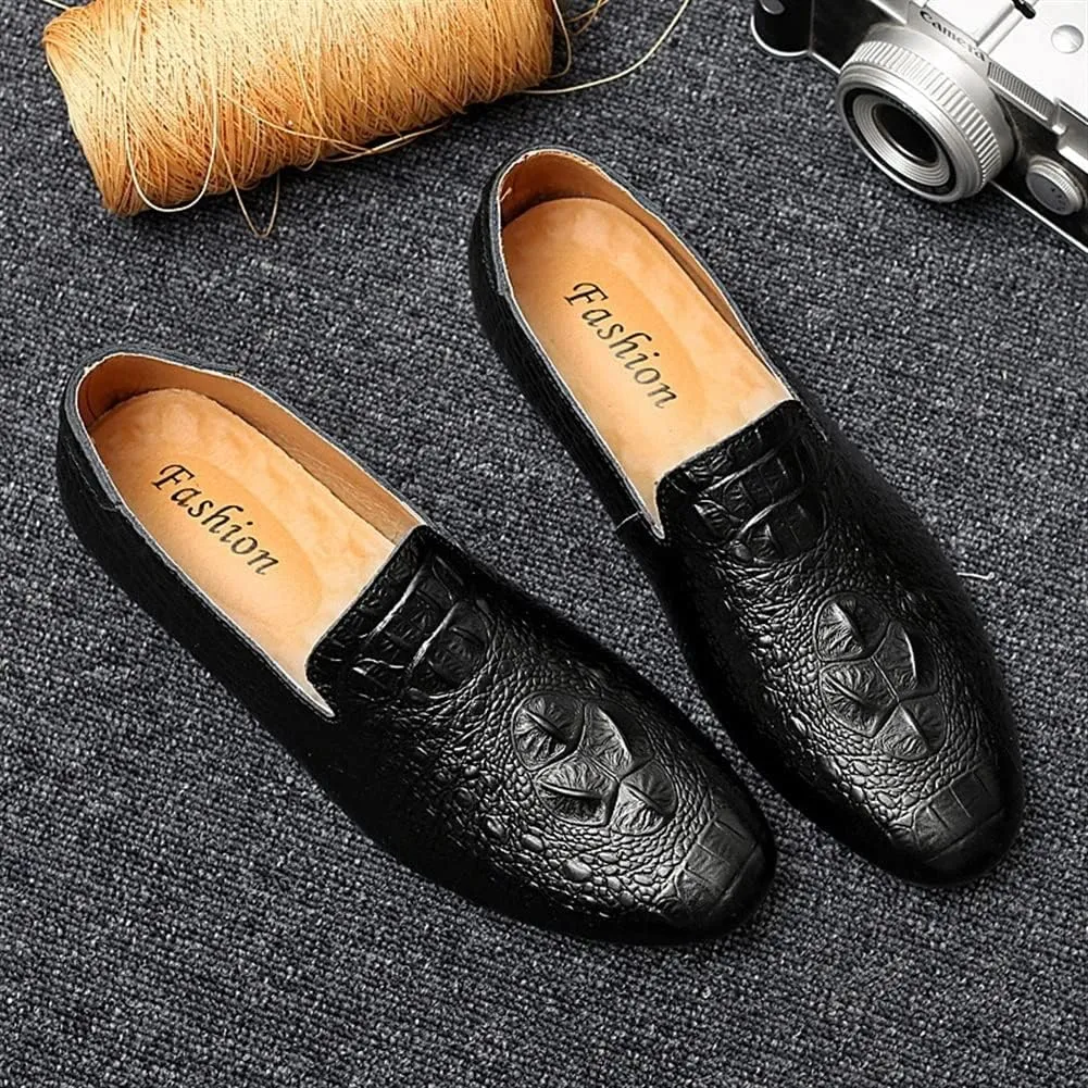 Men's Loafers Genuine Leather Pointed Toe Faux Crocodile Grain Rubber Sole Lightweight Resistant Anti-Slip Prom Party Slip On