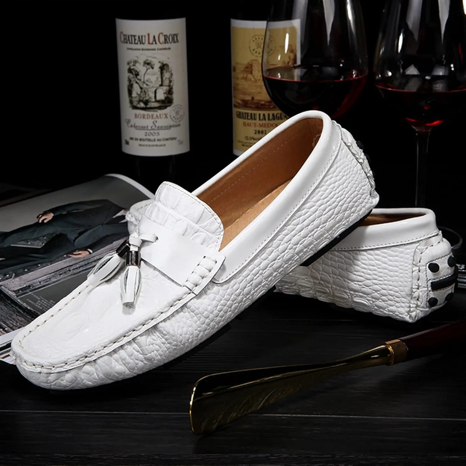 Men's Loafers Genuine Leather Tassel Round Toe Faux Crocodile Grain Anti-Slip Flexible Comfortable Outdoor Walking Slip-on
