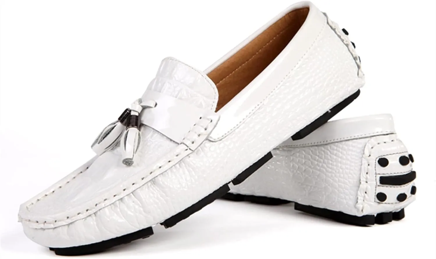 Men's Loafers Genuine Leather Tassel Round Toe Faux Crocodile Grain Anti-Slip Flexible Comfortable Outdoor Walking Slip-on