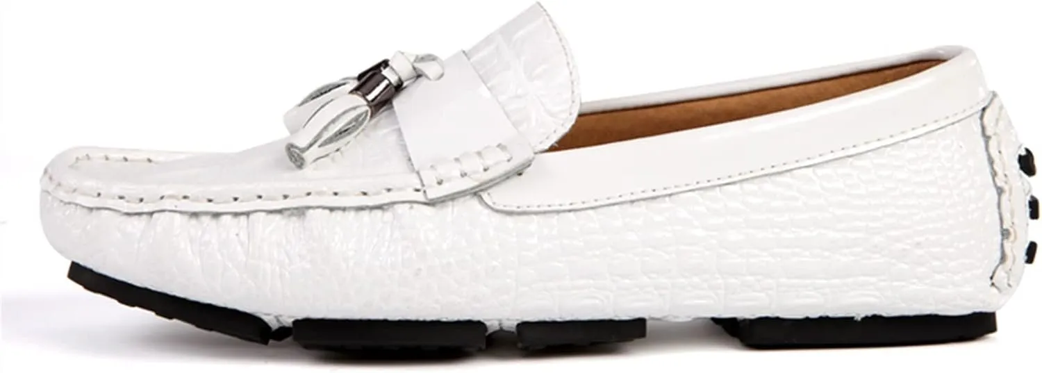 Men's Loafers Genuine Leather Tassel Round Toe Faux Crocodile Grain Anti-Slip Flexible Comfortable Outdoor Walking Slip-on