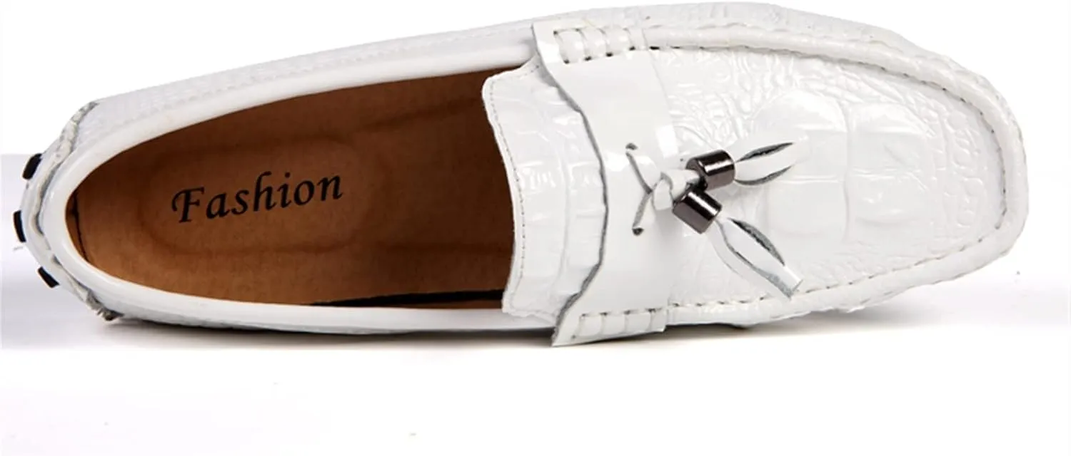 Men's Loafers Genuine Leather Tassel Round Toe Faux Crocodile Grain Anti-Slip Flexible Comfortable Outdoor Walking Slip-on