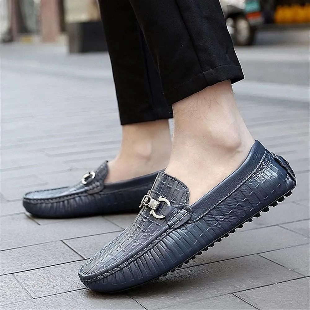 Mens Loafers Round Toe Faux Crocodile Print Leather Anti-Slip Comfortable Flexible Wedding Prom Slip-ons