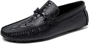 Mens Loafers Shoe Round Toe Faux Crocodile Print Moccasins Leather Flat Heel Slip Resistant Flexible Wedding Slip-on