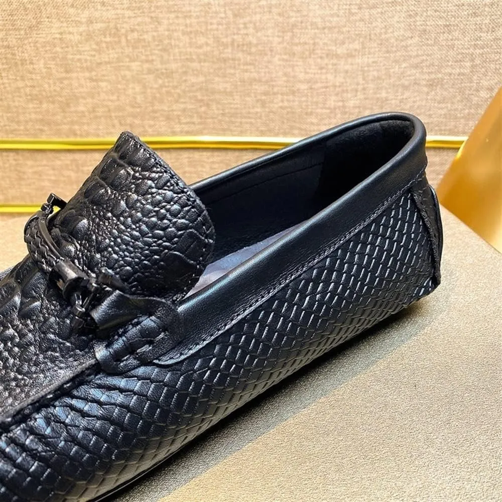 Mens Loafers Shoe Round Toe Faux Crocodile Print Moccasins Leather Flat Heel Slip Resistant Flexible Wedding Slip-on
