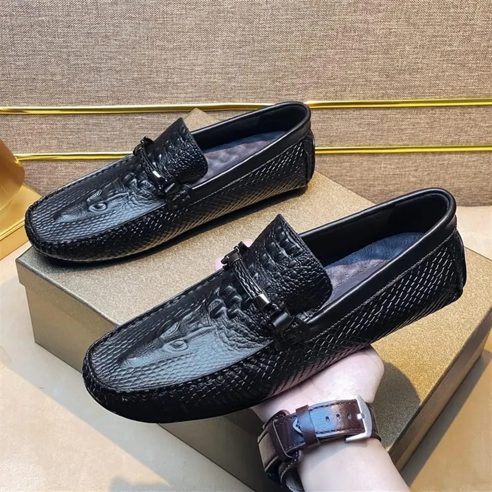 Mens Loafers Shoe Round Toe Faux Crocodile Print Moccasins Leather Flat Heel Slip Resistant Flexible Wedding Slip-on