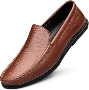 Men's Loafers Shoes Round Toe Genuine Leather Crocodile Print Loafer Shoes Flexible Anti-Slip Resistant Walking Outdoor Slip On