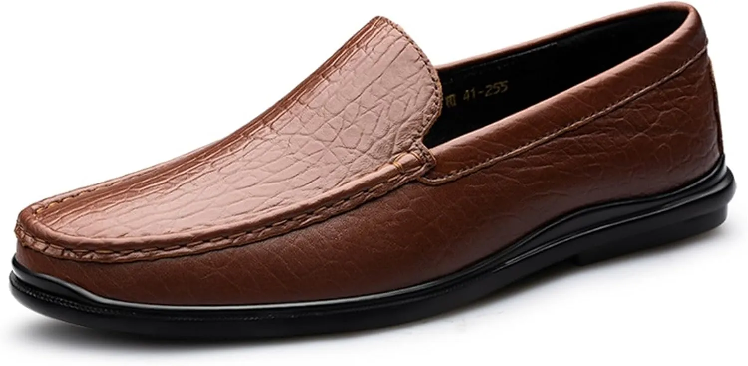 Men's Loafers Shoes Round Toe Genuine Leather Crocodile Print Loafer Shoes Flexible Anti-Slip Resistant Walking Outdoor Slip On