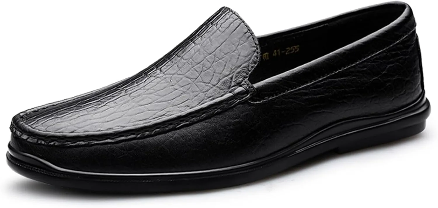 Men's Loafers Shoes Round Toe Genuine Leather Crocodile Print Loafer Shoes Flexible Anti-Slip Resistant Walking Outdoor Slip On