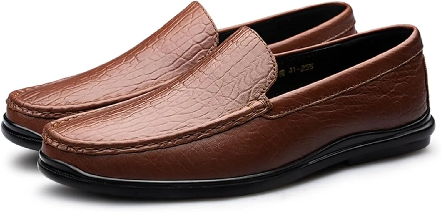 Men's Loafers Shoes Round Toe Genuine Leather Crocodile Print Loafer Shoes Flexible Anti-Slip Resistant Walking Outdoor Slip On