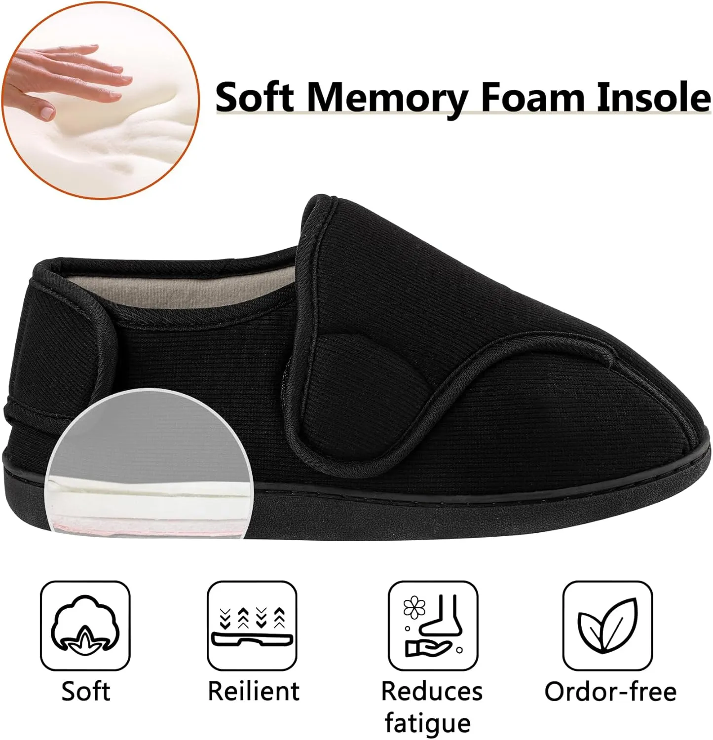 Men's Memory Foam Diabetic Slippers Comfortable Breathable Arthritis Edema Swollen House Shoes Adjustable Indoor/Outdoor Slip On Slippers